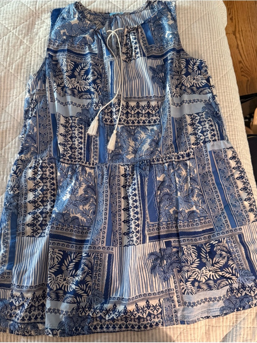 Blue and White tropical printed Sleeveless Dress